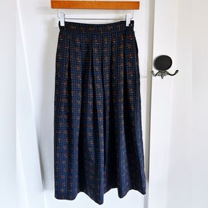 Vintage Braemar Wool Silk Pleated Midi Skirt Bird Print Navy